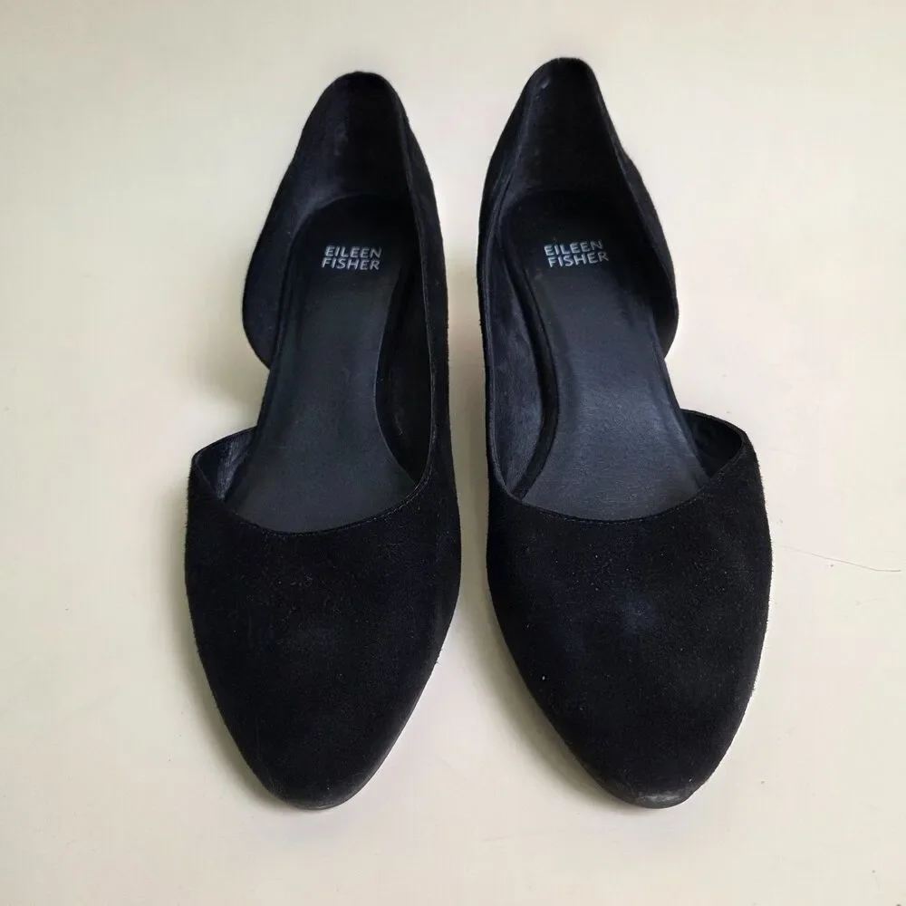 Eileen Fisher Suede D'Orsay Block Heel Pumps Black Size 8.5